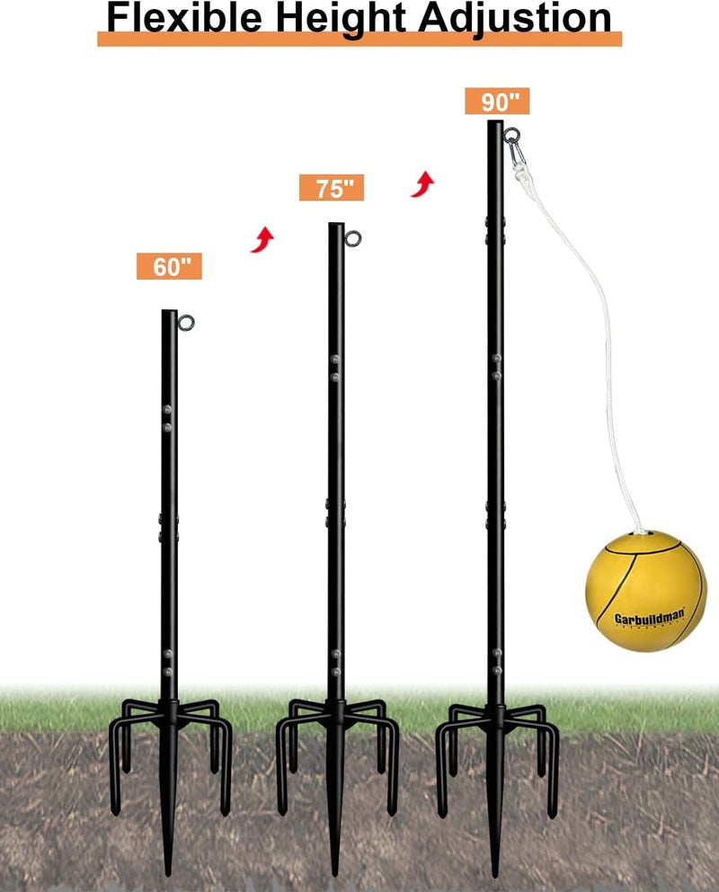 Garbuildman Tetherball Set with Ball & Rope for Outdoor Backyard, Adjustable Tether Ball Pole with Screw Reinforcement 5-Prong Base for Playground, Outside Ball Games Sports for Kids & Adults - Image 2